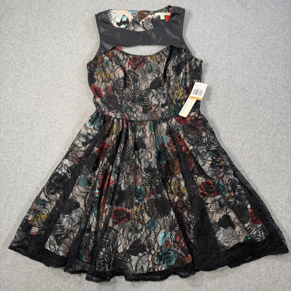 CHORD Juniors Size 7 Black Multi-Color Floral Lace Sleeveless Fit & Flare Dress